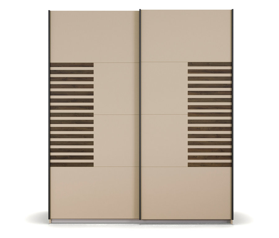 Beiger Kleiderschrank mit zwei Schiebetüren und horizontalen Holzstreifen.