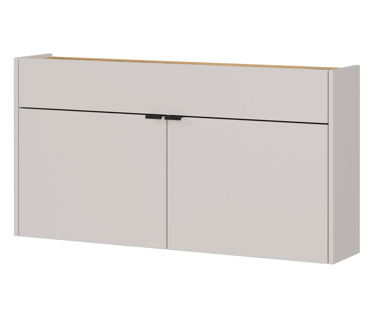 Grauer Wandschrank mit zwei Türen und schwarzen Griffen vor einem weißen Hintergrund.