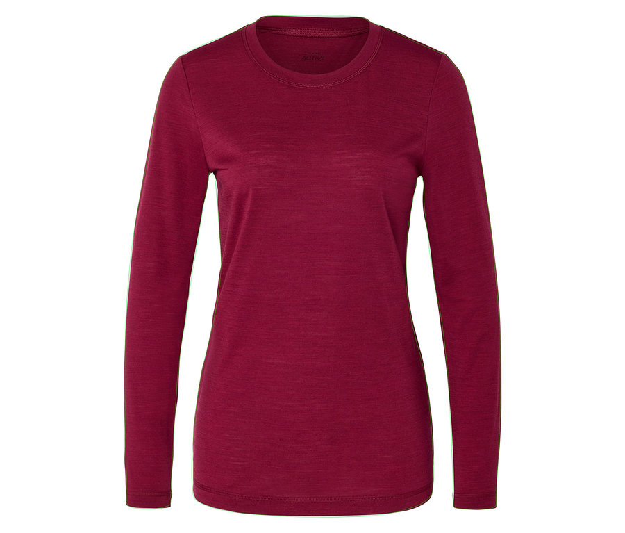 Rotes Funktionsshirt mit langen Ärmeln und Rundhalsausschnitt, aus Merinowolle.