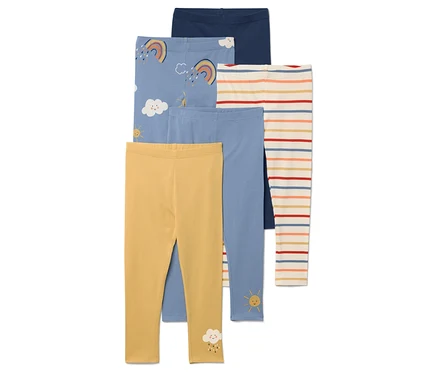 Fünf Leggings in verschiedenen Farben und Mustern sind gestapelt.