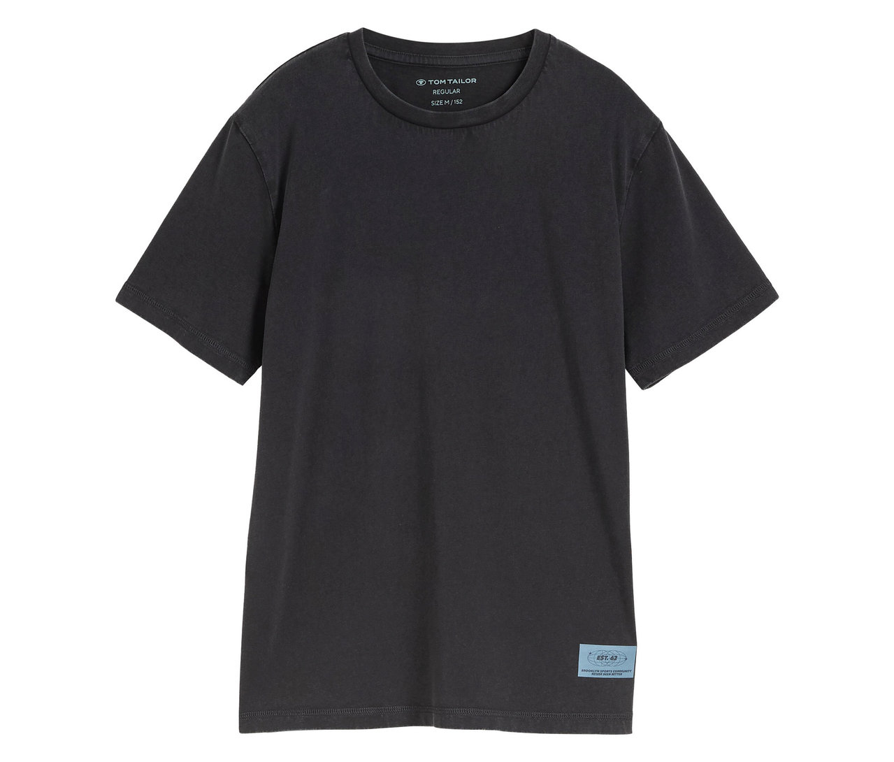 Das Tom Tailor Kinder-Basic-T-Shirt mit Acid-Wash-Optik in Coal Grey liegt flach auf einem weißen Hintergrund.