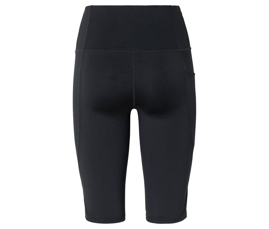 Schwarze, hochtaillierte, knielange Leggings mit Tasche auf der rechten Seite.