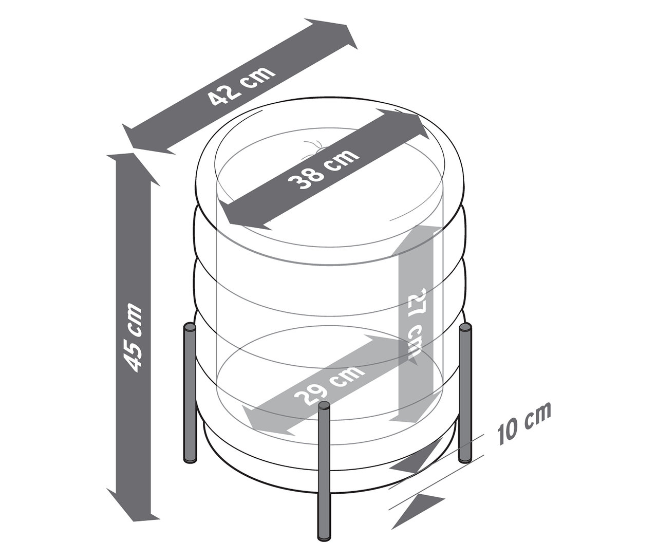 Abbildung eines Hocker mit Stauraum mit den Massen 42 cm breit, 45 cm hoch und 38 cm Durchmesser.