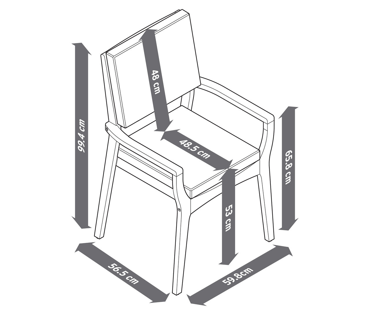 Abbildung eines stapelbaren Teak-Gartenstuhls mit Maßangaben.