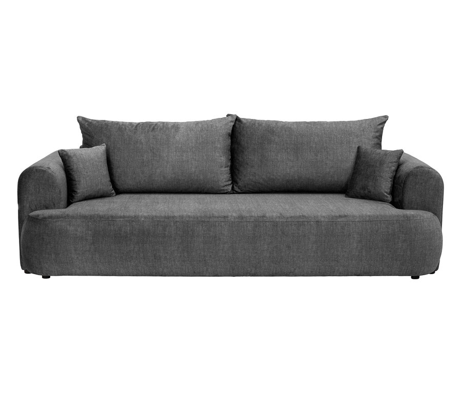 Graues Sofa mit vier Kissen.