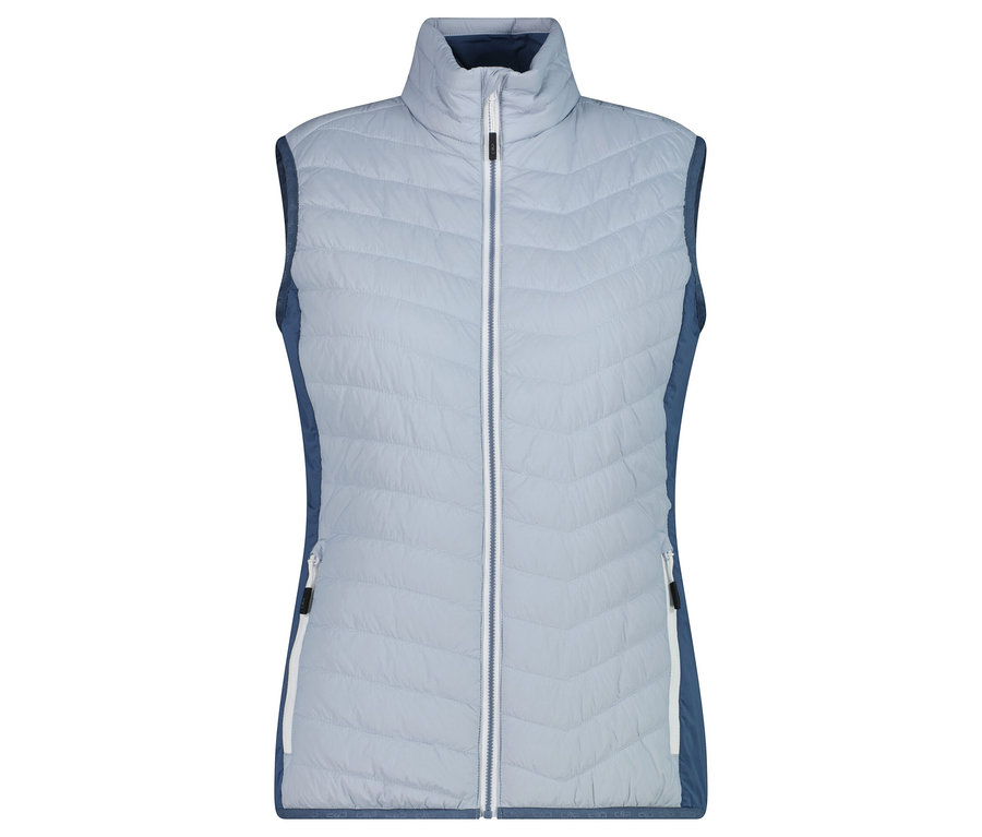 Eine hellblaue, gesteppte Weste mit durchgehendem Reißverschluss vorne.
