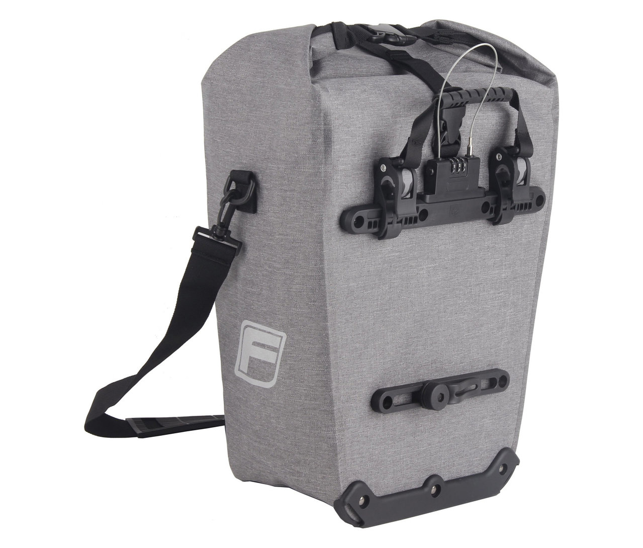 Graue FISCHER Gepäckträgertasche PLUS Cita mit schwarzem Schultergurt und Zahlenschloss.