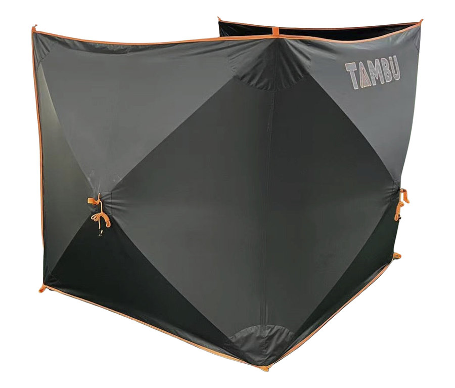 Der Tambu Windschutz »PRAKI« ist grau mit orangefarbenen Akzenten und dem Schriftzug "TAMBU".