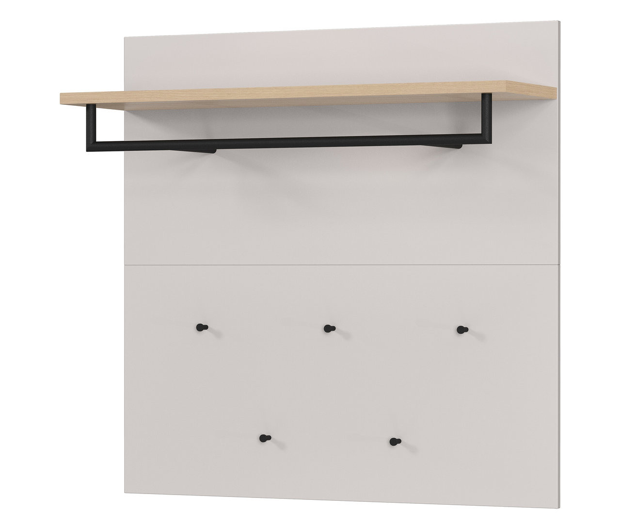 Das Garderobenpaneel »Cormano« ist weiß mit einer Ablage aus hellem Holz und einer schwarzen Stange mit Haken.