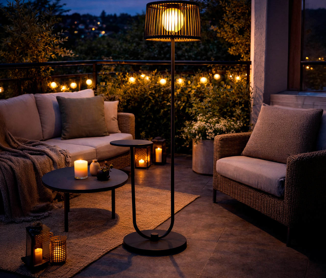 Terrasse mit Sofa, Sessel und der anthrazitfarbenen Leco Solar Stehleuchte mit integriertem Tisch, beleuchtet mit Lichterkette und Kerzen.