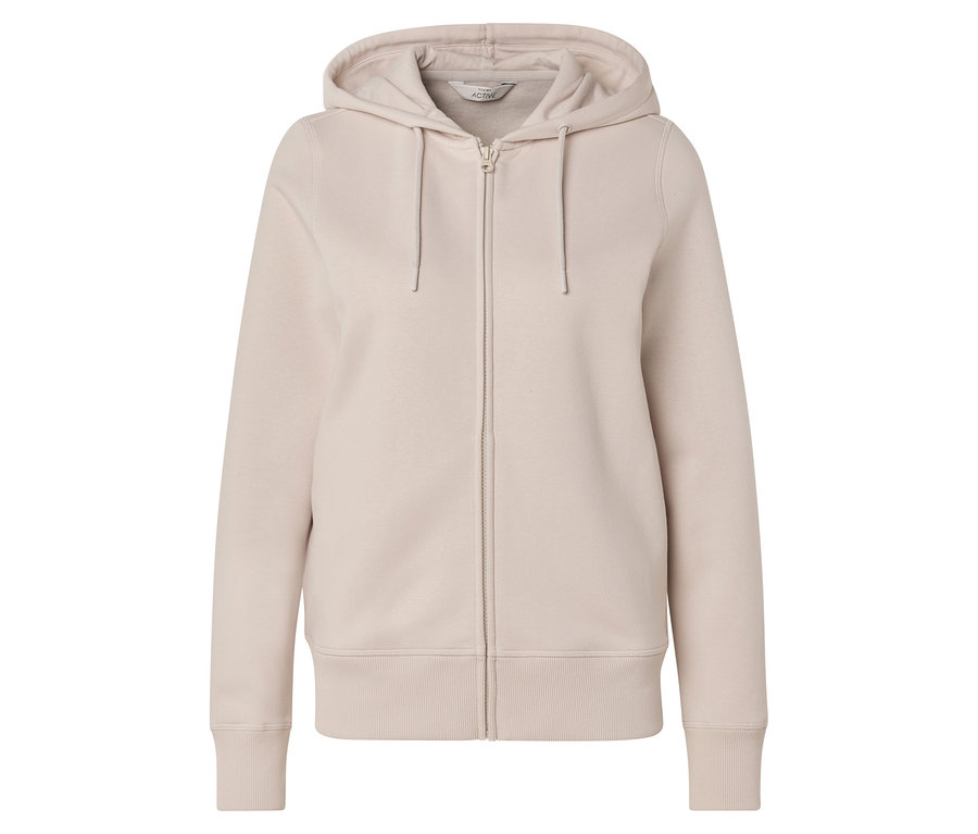 Beige Kapuzenjacke mit Reißverschluss und Kordelzug an der Kapuze.