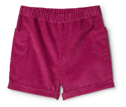 Magenta Kinder-Cord-Shorts mit Gummibund, zwei Taschen und umgeschlagenen Säumen.