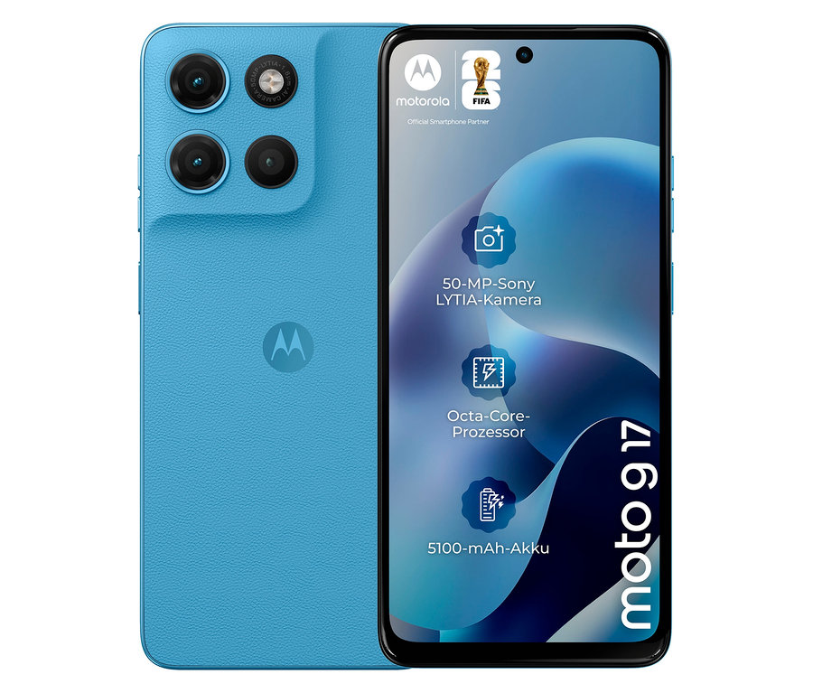 Das blaue Motorola moto g17 LTE 128GB Alaskan blue ist von vorne und hinten zu sehen.