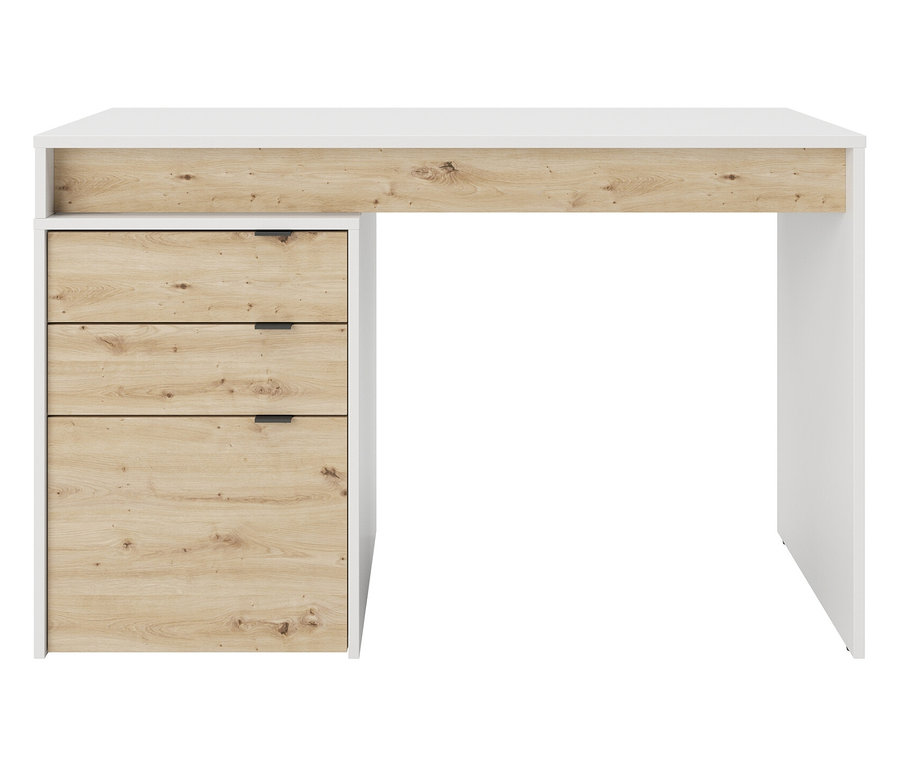 Ein Schreibtisch mit drei Schubladen in Holzoptik und einer weißen Tischplatte.