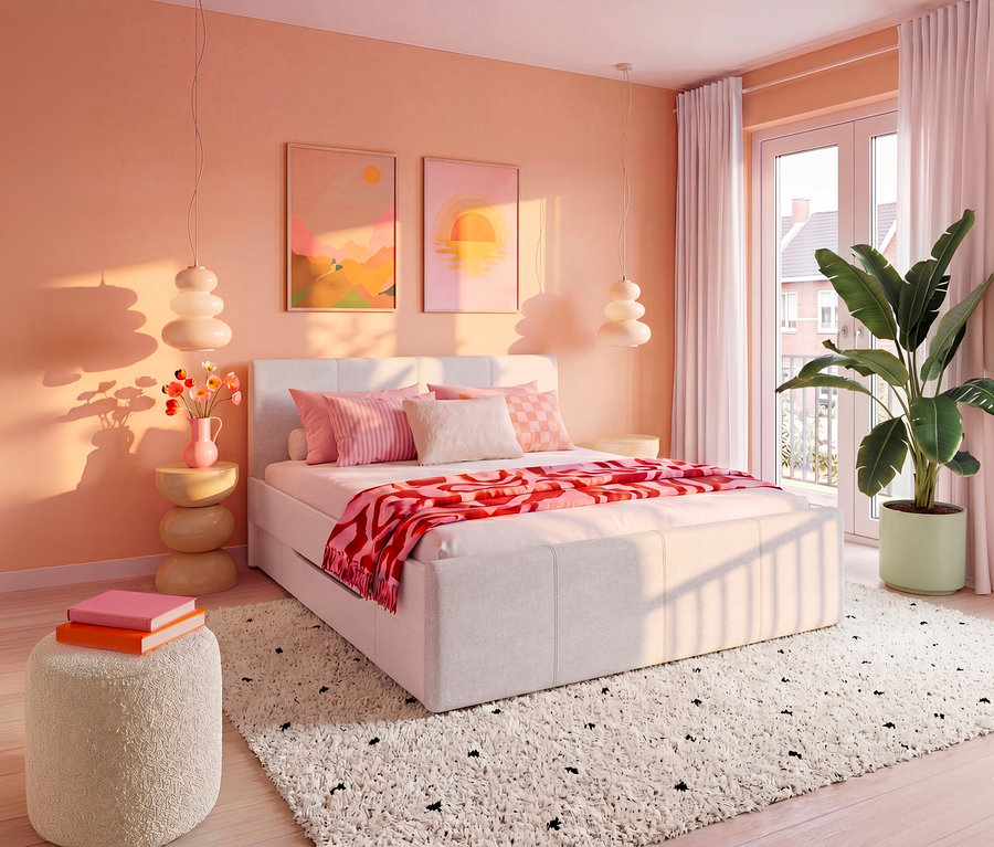 Helles Schlafzimmer mit einem rauch Bett „Holga“ mit Schubladen, pinken Kissen und gemusterter Decke. Sonnenlicht fällt durch die Balkontür. Über dem Bett hängen zwei Bilder, daneben ein Beistelltisch mit Blumen und eine Pflanze.