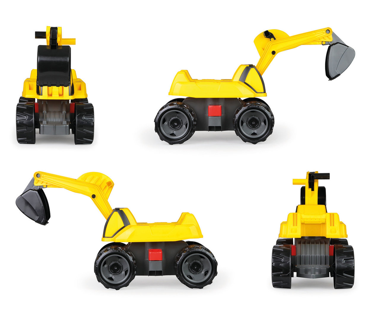 Gelber und schwarzer GIGA TRUCKS Aufsitz-Bagger Pro X mit beweglichem Arm und Schaufel, aus verschiedenen Perspektiven gezeigt.