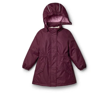 Pflaumenfarbene Kinderjacke mit Kapuze, reflektierenden Streifen, geraffter Taille und zwei Pattentaschen.