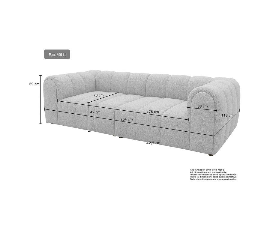 Graues DOMO Bigsofa »Aalborg« mit breitem Sitzraster, 254 cm breit, 118 cm tief, 69 cm hoch, Sitzhöhe 42 cm, max. 300 kg Belastbarkeit.