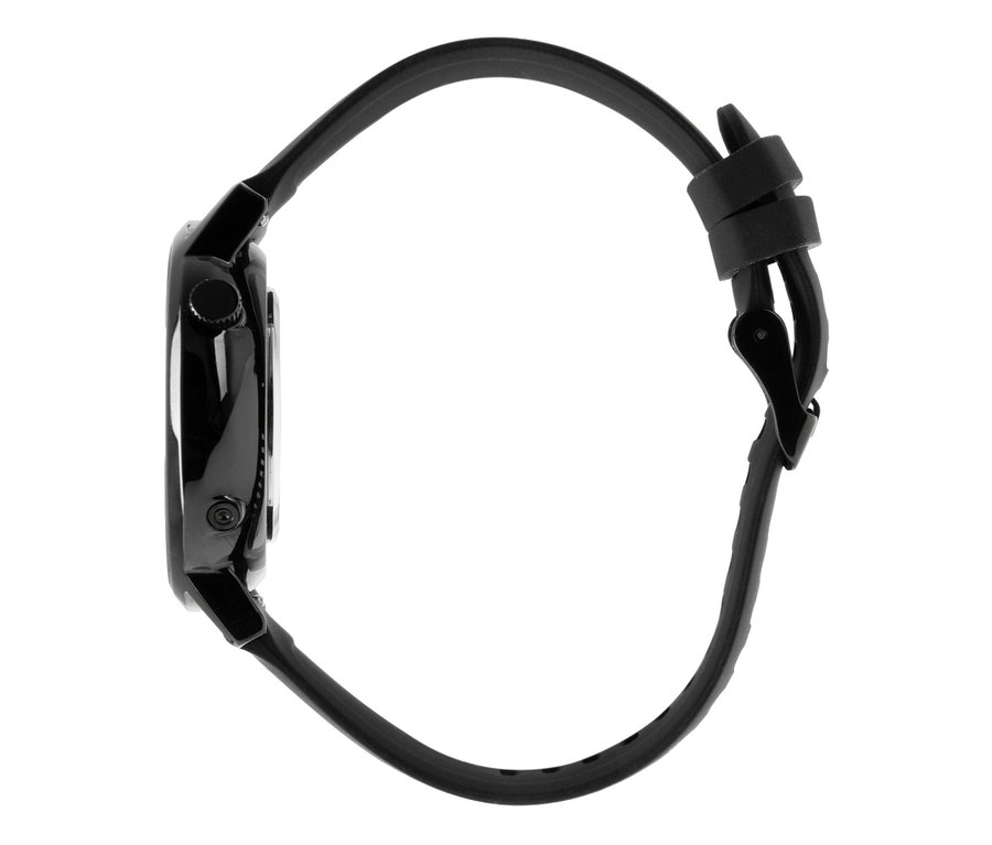 Seitenansicht einer schwarzen Uhr mit rundem Gehäuse, einer Krone an der Seite und einem schwarzen Silikonarmband mit schwarzer Schnalle.