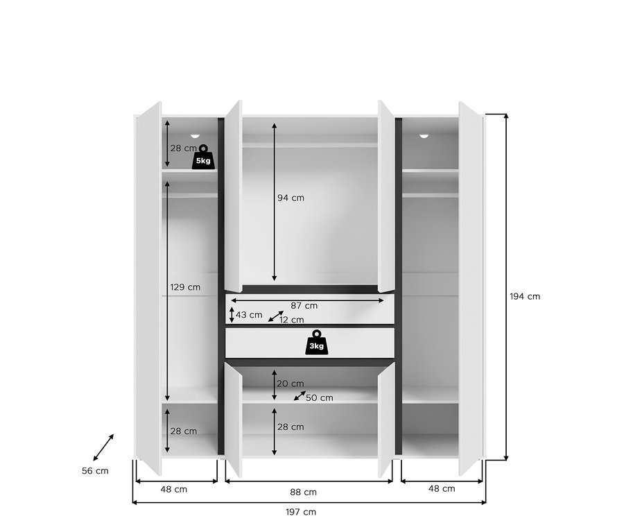 Weißer dreitüriger Kleiderschrank mit schwarzen Akzenten, der Innenmaße und Tragfähigkeiten zeigt. Der Schrank ist 194 cm hoch, 197 cm breit und 56 cm tief. Er verfügt über zwei Seitenbereiche mit einem oberen Regal (5 kg Tragfähigkeit) und einer Kleiderstange (129 cm Höhe) sowie einen breiteren Mittelteil mit einem großen oberen Fach (94 cm Höhe), einer zentralen Schublade (87x12 cm, 3 kg Tragfähigkeit) und zwei unteren Fächern mit Einlegeböden.