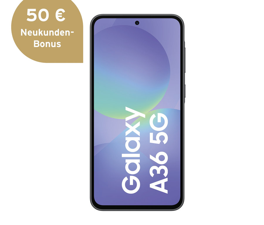 Schwarzes Samsung Galaxy A36 5G Smartphone mit Galaxy A36 5G Schriftzug auf dem Display.