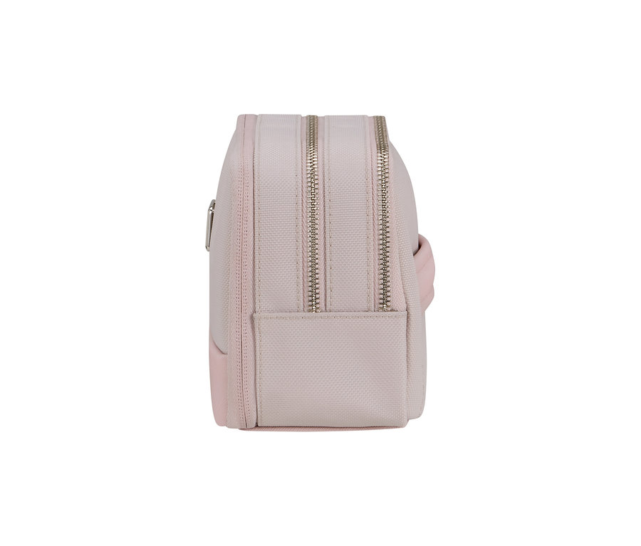 Seitenansicht einer rosafarbenen Samsonite IMAGE Kulturtasche mit zwei Reißverschlüssen oben.