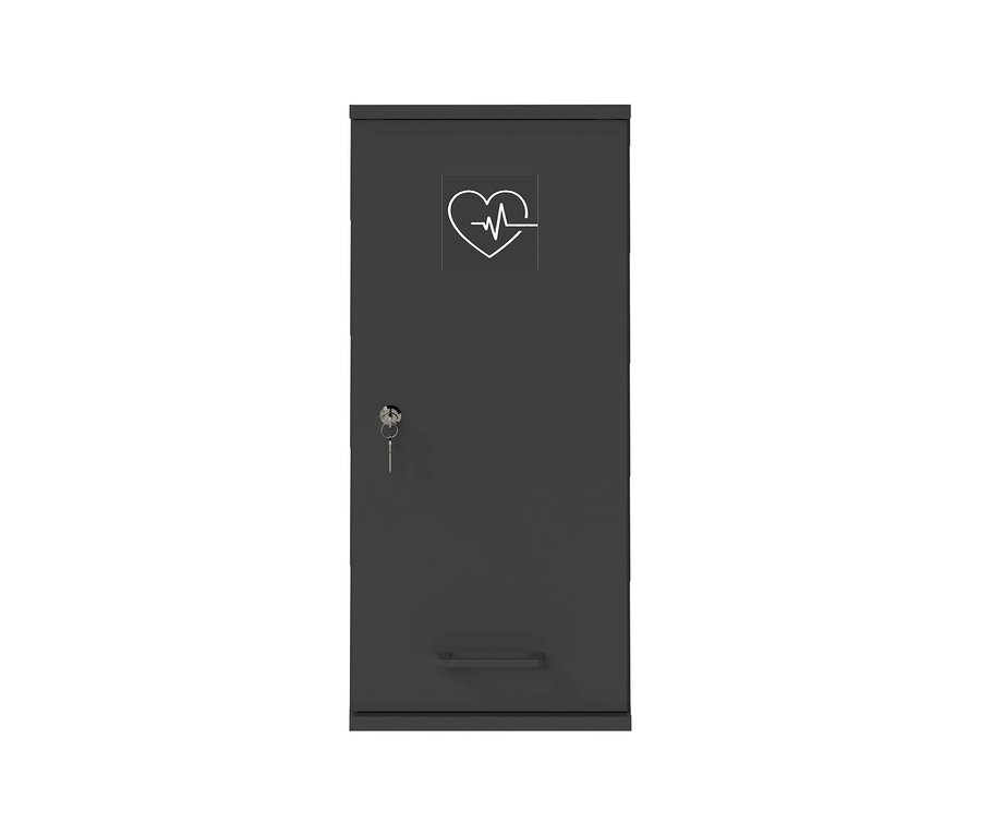 Anthrazitfarbener Medizinschrank »Galeno« mit einer Tür, weißem Herz-EKG-Symbol, Schloss mit Schlüssel und Griff.
