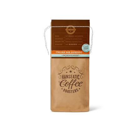 Eine Packung Hanseatic - Italian Bar Espresso, entkoffeiniert - 250 g Ganze Bohne.