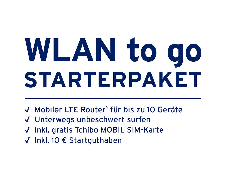 Textanzeige für ein WLAN to go Starterpaket, das einen mobilen LTE Router für bis zu 10 Geräte, unbeschwertes Surfen unterwegs, eine gratis Tchibo MOBIL SIM-Karte und 10 € Startguthaben beinhaltet.