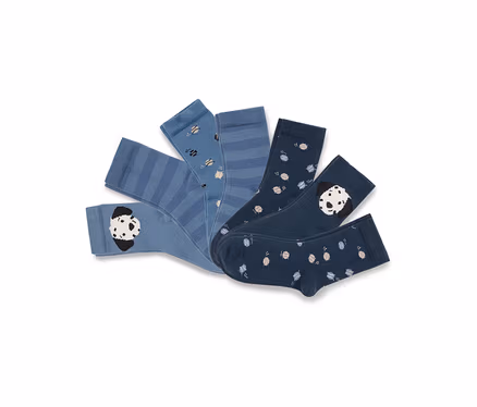 Fünf verschiedene blaue Socken fächerförmig ausgelegt, mit Querstreifen, verstreuten Punkten und Pandagesichtern.