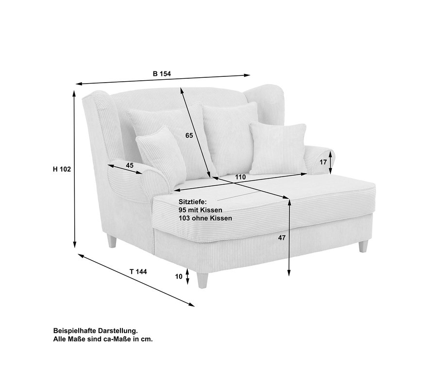 Beiger XXL-Ohrensessel »Harvard« aus Cordstoff mit Maßen: H 102 cm, B 154 cm, T 144 cm. Sitztiefe 95 cm mit Kissen.