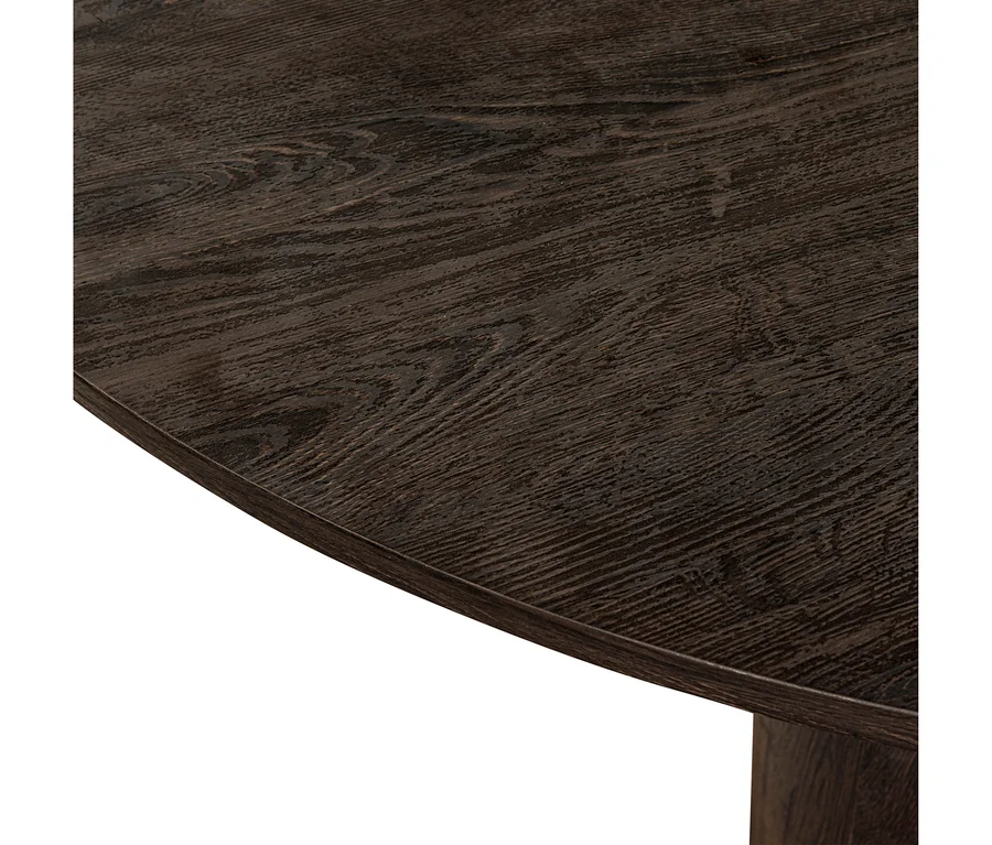 Dunkelbraune Holz-Tischplatte mit sichtbarer Maserung und abgerundeter Kante.