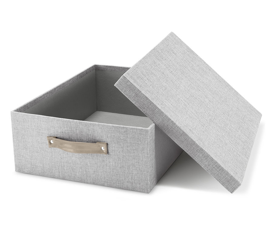 Offenes graues Ordnungsboxen-Set mit Deckel.