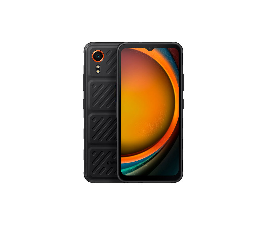 Vorder- und Rückseite eines schwarzen Samsung Galaxy XCover7 EE 5G Smartphones werden angezeigt.