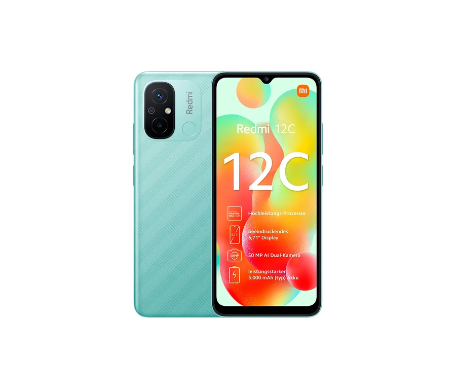 Das grüne Xiaomi Redmi 12C 64GB Smartphone ist von vorne und hinten zu sehen.