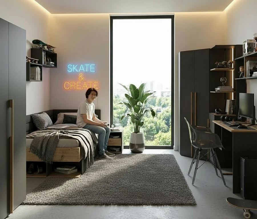 Jugendlicher sitzt auf einem Bett mit grauem Überwurf und hält einen Controller in der Hand. An der Wand hängt ein Roba Wandregal »Marvin«, 90 cm.