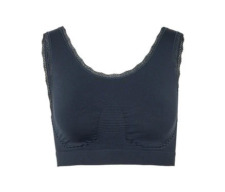 Dunkelblauer Sport-BH mit Spitze am Ausschnitt.