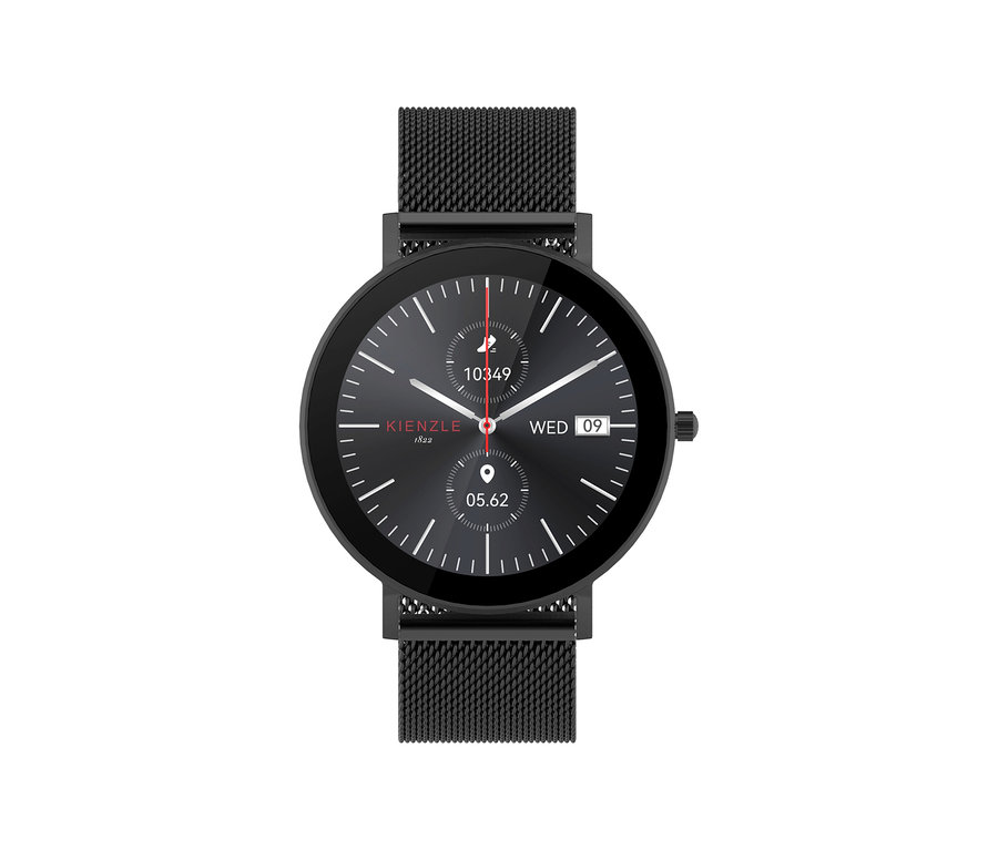 Nahaufnahme der schwarzen Kienzle »Active Smart Slim« Uhr mit schwarzem Armband und digitalem Zifferblatt.