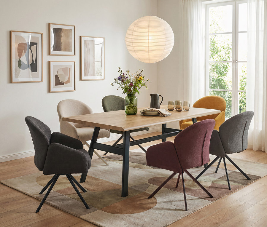 Ein Esszimmer mit einem Holztisch und sechs Stühlen in verschiedenen Farben auf einem gemusterten Teppich. Auf dem Tisch stehen eine Blumenvase, ein Krug und Geschirr. Eine große Papierlampe hängt über dem Tisch, und an der Wand hängen vier gerahmte Bilder.