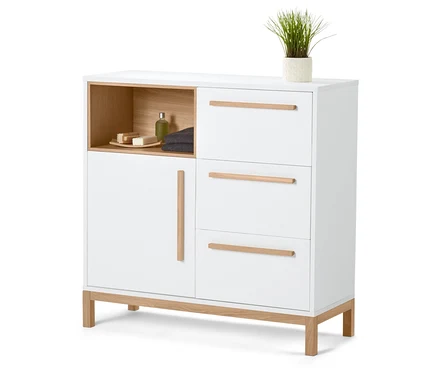 Weißes Badezimmer-Sideboard mit Holzdetails, offenem Fach und drei Schubladen.