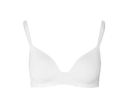 Weißer Softschalen-BH mit verstellbaren Trägern, kleiner Schleife und zarter Spitze an den Seiten.