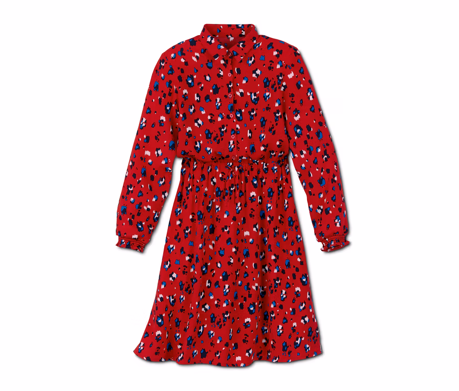 Ein rotes Webkleid mit langen Ärmeln und Tiermuster.