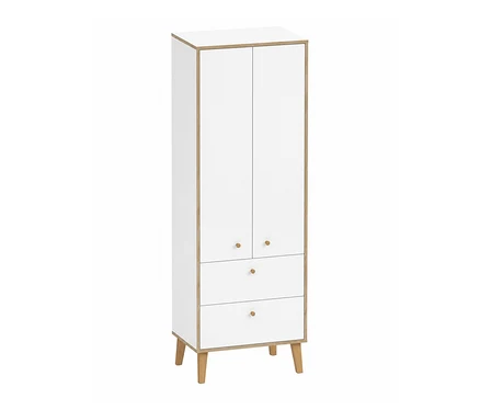 Weißer und hellbrauner WS_Lucka Kleiderschrank mit zwei Türen, zwei Schubladen, Holzgriffen und Holzbeinen.
