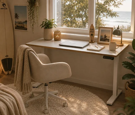 Ein Home-Office am Fenster mit Meerblick, bestehend aus einem hellen Schreibtisch mit Laptop, Notizbuch, Tasse, Lampe und gerahmtem Foto. Ein beiger Bürostuhl mit Decke steht auf einem Teppich. Ein Surfbrett und Pflanzen schmücken den Raum.