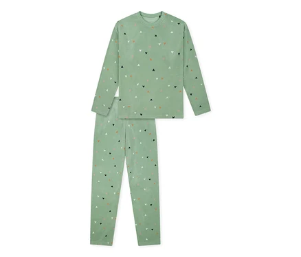 Hellgrüner SCHIESSER Kinder-Velours-Pyjama „Herzchen“ mit langen Ärmeln und Hose, gemustert mit kleinen rosa, schwarzen, weißen und orangefarbenen Herzen.