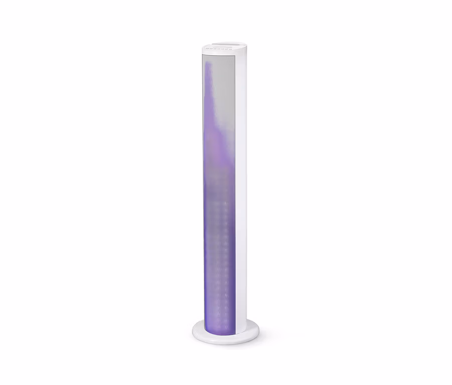 Ein weißer Lenco-Bluetooth®-Lautsprecherturm BTL-450 mit violetter Beleuchtung.