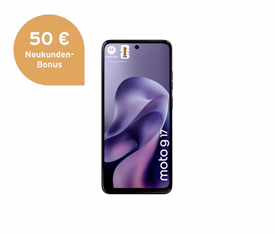 Ein schwarzes Motorola moto g17 Smartphone ist vertikal abgebildet und zeigt einen lila-schwarzen abstrakten Hintergrund. Links daneben ist eine goldene Sprechblase mit der Aufschrift '50 € Neukunden-Bonus' zu sehen.