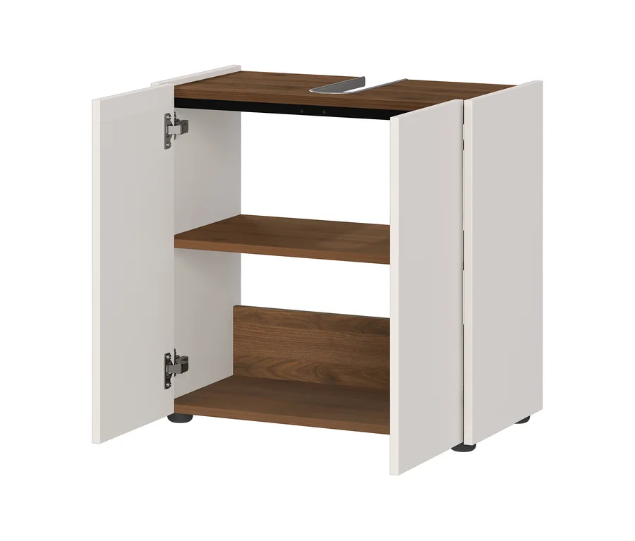 Waschbeckenunterschrank »Wadena« in Kaschmir und Nussbaum, mit einer geöffneten und einer geschlossenen Tür, zwei Einlegeböden und einer Aussparung für ein Waschbecken.