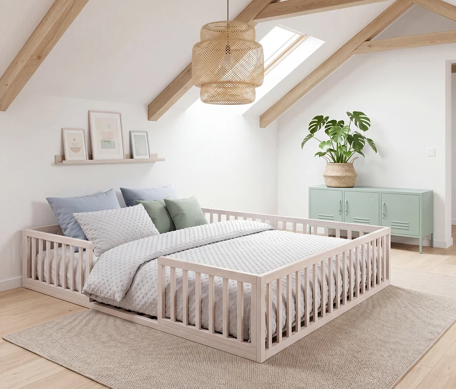 Ein roba Montessori-Bodenbett, ca. 140 x 200 cm, Stone washed, mit hellgrauer Bettwäsche in einem Dachzimmer. Das Zimmer hat weiße Wände, Holzbalken, ein Dachfenster, eine geflochtene Pendelleuchte und einen hellgrünen Spindschrank mit einer Monstera-Pflanze.
