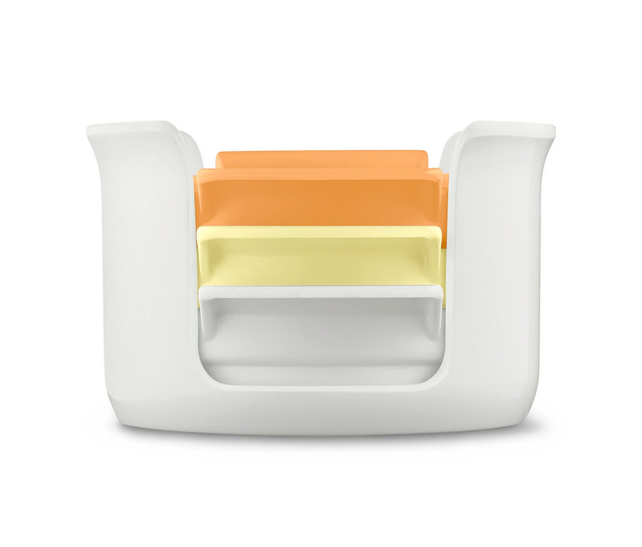 Detailansicht eines 3-in-1-Ei-und-Mozzarella-Schneiders mit orangefarbenen, gelben und weißen Einsätzen.